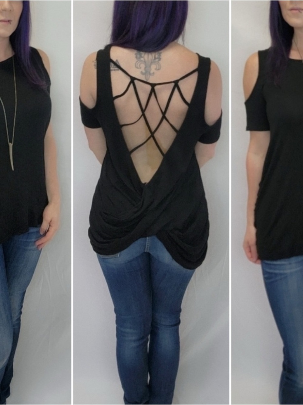 She + Sky Black Cold-Shoulder Tank with Strappy Open Back